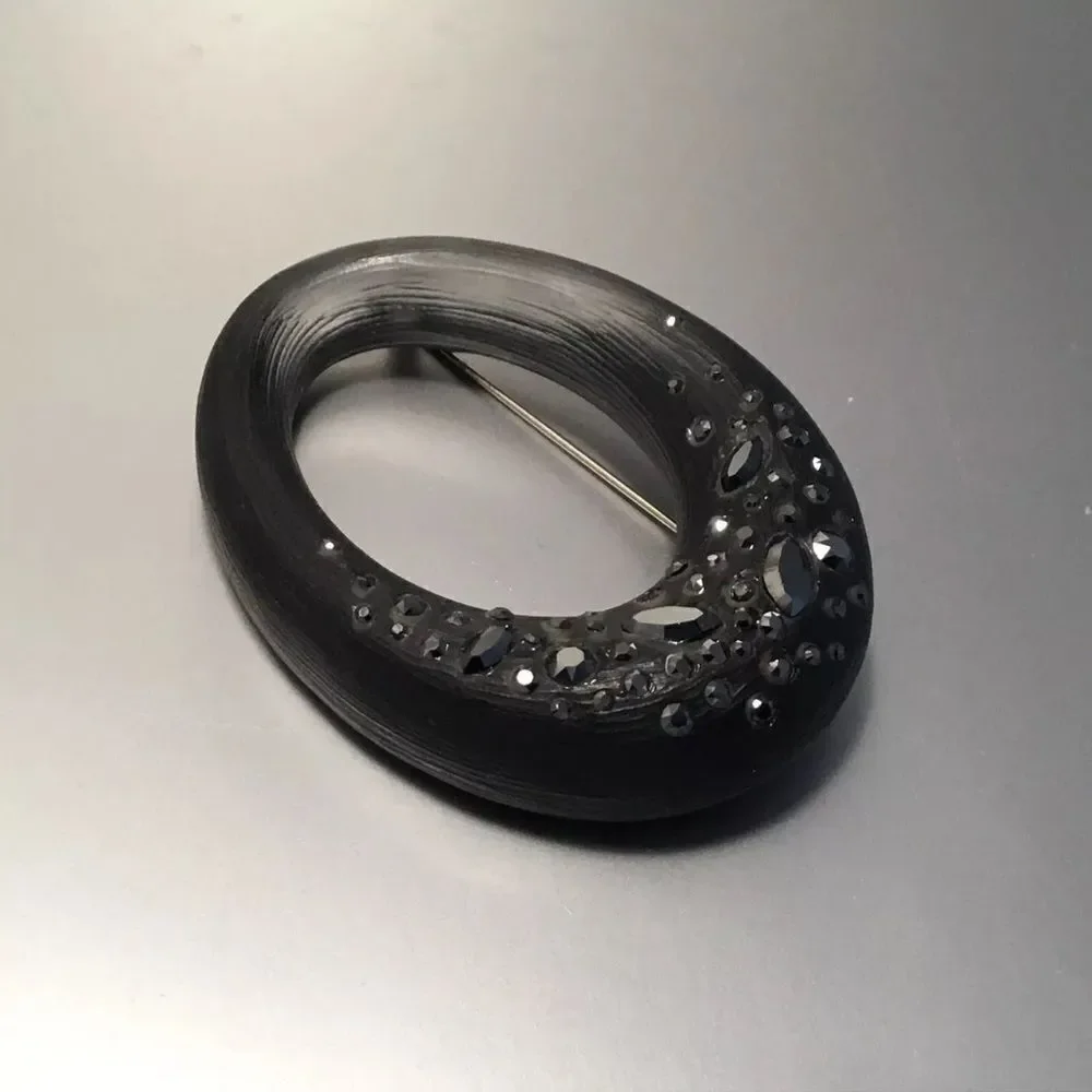 Alexis Bittar Black Lucite, Noir Crystal Dusted Oval Brooch